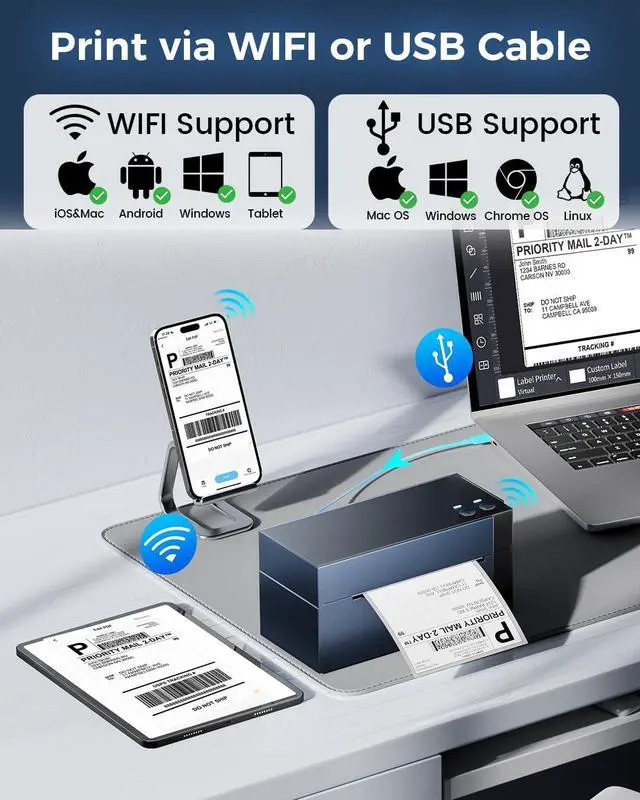 Alt view image 4 of 5 - WiFi Thermal Label Printer 4x6, 300DPI WiFi Thermal Printers Wireless Desktop Printer for Shipping Package, Shipping Label Printer for Small Business, Compatible with Shopify,USPS,iPhone,Android,Mac