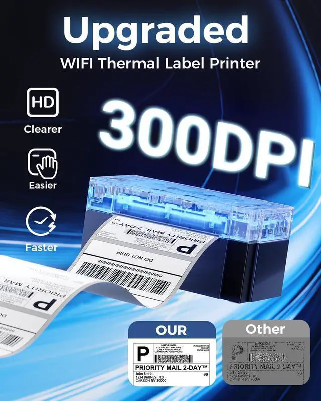 Alt view image 3 of 5 - WiFi Thermal Label Printer 4x6, 300DPI WiFi Thermal Printers Wireless Desktop Printer for Shipping Package, Shipping Label Printer for Small Business, Compatible with Shopify,USPS,iPhone,Android,Mac