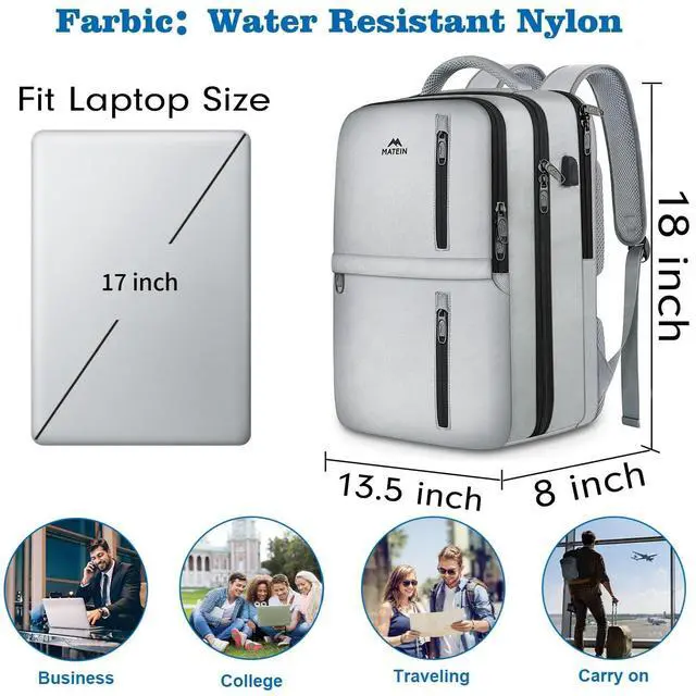 Alt view image 2 of 5 - MATEIN Travel Backpack for Women & Men, Airline Approved Carry on Backpack for Airplanes with Shoe Compartment, Large Personal Item Travel Bag fits 17" Laptop, Water Resistant Weekender Daypack, Gray
