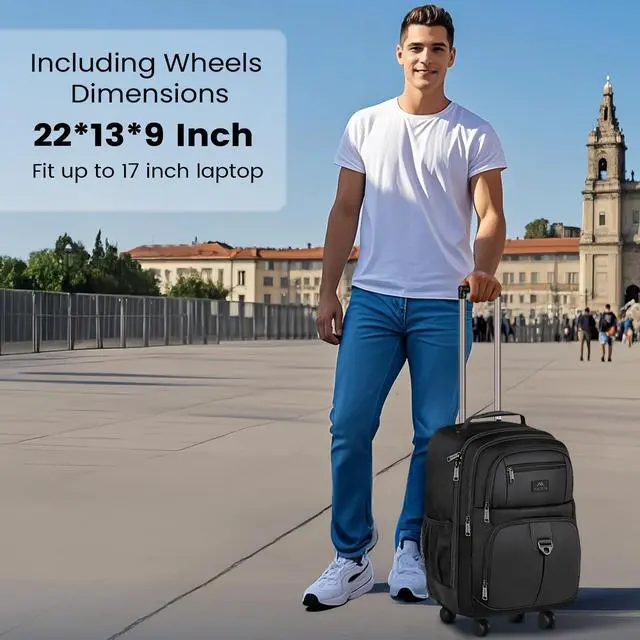 Alt view image 2 of 5 - MATEIN Rolling Backpack with 4 Wheels, 17 inch Roller Travel Laptop Backpack for Women Men, Large Water Resistant Business Wheeled Bag, Airline Approved Carry on Luggage Suitcase Bag, Black