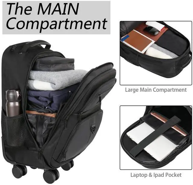 Alt view image 3 of 5 - MATEIN Rolling Backpack with 4 Wheels, 17 inch Roller Travel Laptop Backpack for Women Men, Large Water Resistant Business Wheeled Bag, Airline Approved Carry on Luggage Suitcase Bag, Black