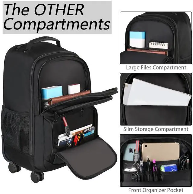 Alt view image 4 of 5 - MATEIN Rolling Backpack with 4 Wheels, 17 inch Roller Travel Laptop Backpack for Women Men, Large Water Resistant Business Wheeled Bag, Airline Approved Carry on Luggage Suitcase Bag, Black