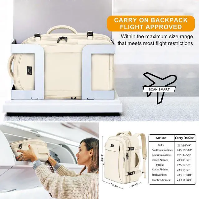 Alt view image 5 of 5 - MATEIN Carry on Backpack for Women, 50L TSA Travel Backpack with Wet Bag Expandable Airline Approved Suitcase Daypack, Large Weekender Bag Water Resistant Daypack for Business Weekender, Beige