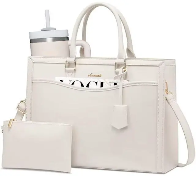 Main image of LOVEVOOK Laptop Tote Bag for Women, Leather Office Work Bag Briefcase fit for 15.6 inch Laptop, Large Teacher Computer Bag Handbag,2pcs Set Leather/Beige