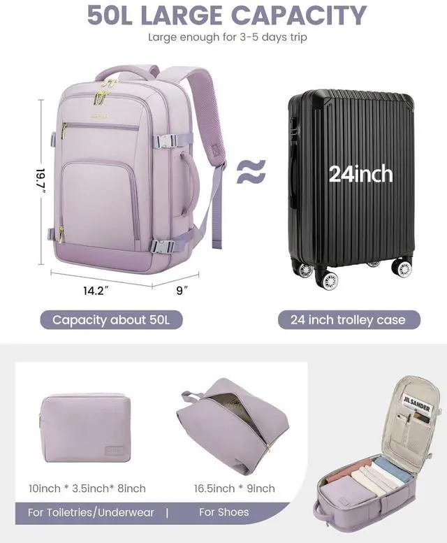 Alt view image 3 of 5 - LOVEVOOK Travel Backpack For Women Flight Approved, 50L Large Carry On Backpack For Airplanes, Personal Item Travel Bag, Waterproof 18 Inch Laptop Backpack For Business Weekender Overnight, 4Pcs Set