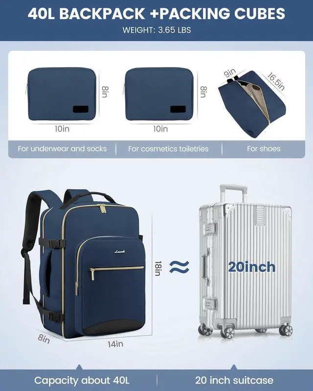 Alt view image 5 of 5 - LOVEVOOK Travel Backpack for Women Men as Personal Item Flight Approved, 40L Luggage Carry On Backpack, 17.3inch Large Laptop Backpack Waterproof Outdoor Sports with 3 Packing Cubes,Blue green-Black