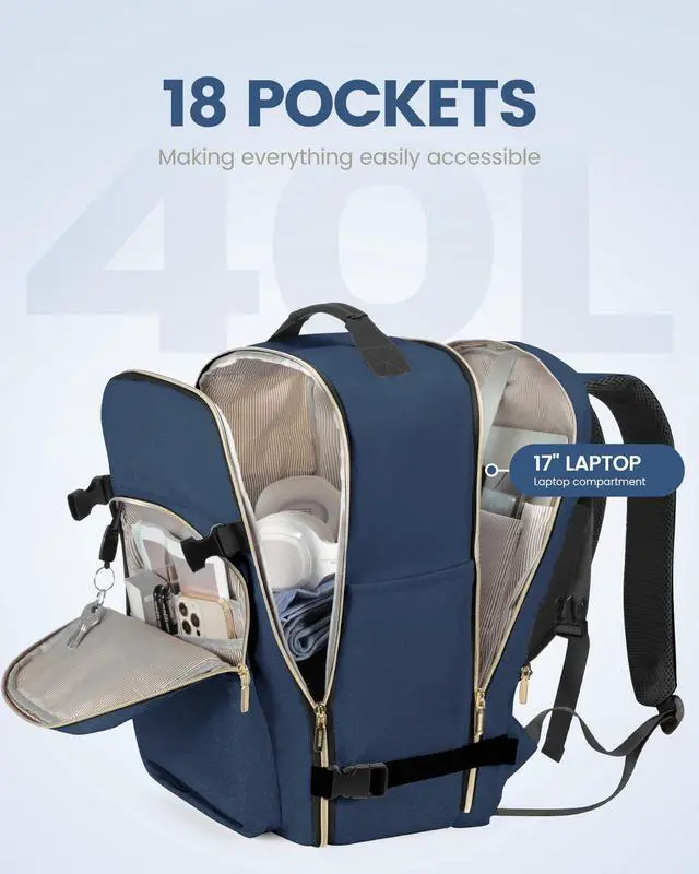 Alt view image 3 of 5 - LOVEVOOK Travel Backpack for Women Men as Personal Item Flight Approved, 40L Luggage Carry On Backpack, 17.3inch Large Laptop Backpack Waterproof Outdoor Sports with 3 Packing Cubes,Blue green-Black