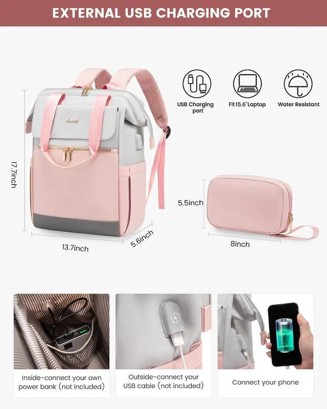 Alt view image 4 of 5 - LOVEVOOK Laptop Backpack for Women, 15.6 Inch Work Laptop Bag with USB Port, Fashion Teacher Nurse Backpack Purse, Waterproof Travel Computer Backpack with Organizer Bag, 2PCS, Grey-Pink