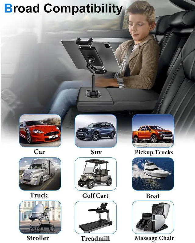 Alt view image 4 of 5 - Kolasels Cup Holder Tablet Mount for Car [Anti-Shake Metal Arm] Heavy Duty iPad Cup Holder Mount for Truck, Tesla, Vehicle, for iPad Pro 12.9 Air Mini Galaxy Z Fold iPhone, 4-13'' Cell Phone Tablets