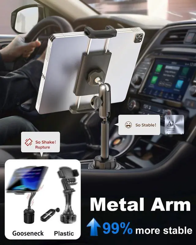 Alt view image 2 of 5 - Kolasels Cup Holder Tablet Mount for Car [Anti-Shake Metal Arm] Heavy Duty iPad Cup Holder Mount for Truck, Tesla, Vehicle, for iPad Pro 12.9 Air Mini Galaxy Z Fold iPhone, 4-13'' Cell Phone Tablets