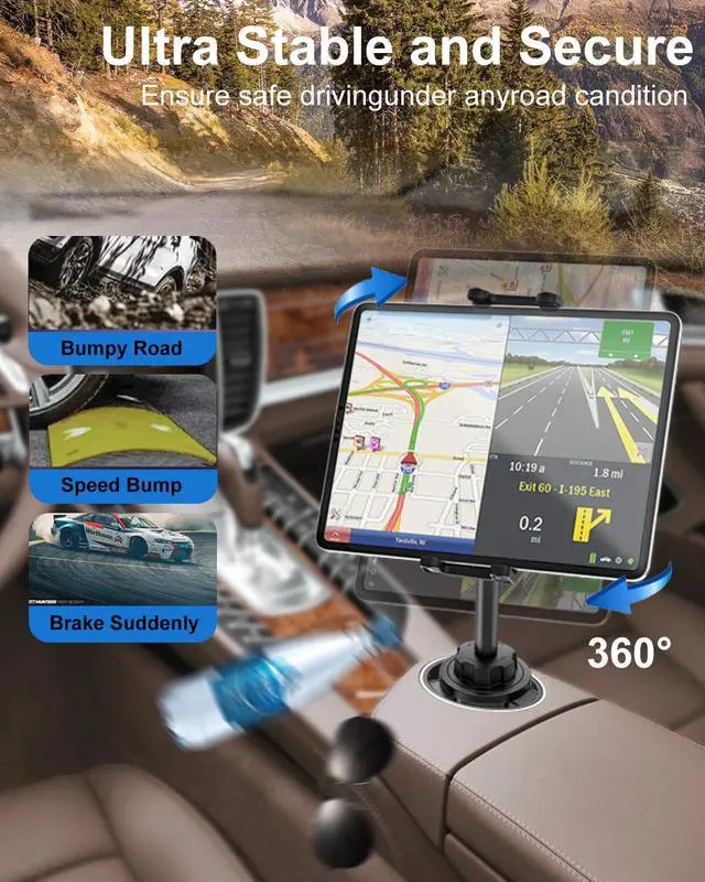 Alt view image 3 of 5 - Kolasels Cup Holder Tablet Mount for Car [Anti-Shake Metal Arm] Heavy Duty iPad Cup Holder Mount for Truck, Tesla, Vehicle, for iPad Pro 12.9 Air Mini Galaxy Z Fold iPhone, 4-13'' Cell Phone Tablets