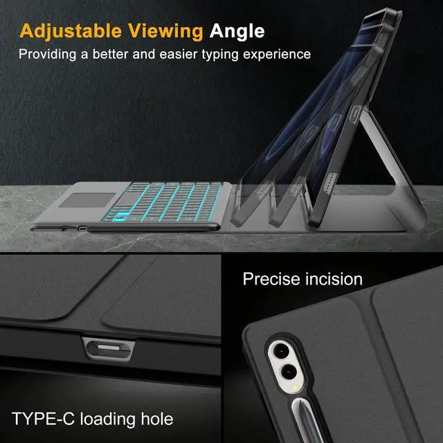 Alt view image 5 of 5 - KVAGO Keyboard Case for Samsung Galaxy Tab S8+ Plus 2022/S7 FE 5G 2021/S7+ Plus 2020 12.4 inch, Smart Touchpad, 7 Colors Backlit, Slim Stand Folio Cover Detachable Bluetooth Wireless Keyboard (Black)