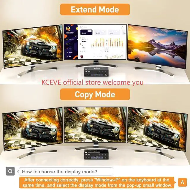 Alt view image 3 of 5 - 8K KVM Switch 3 Monitors 3 Computers HDMI + DisplayPort, KCEVE USB 3.0 DP KVM Switcher, 8K@30Hz/4k@144Hz Triple Monitor DP KVM for 3 PC Share 3 Display and 4 USB 3.0 Devices