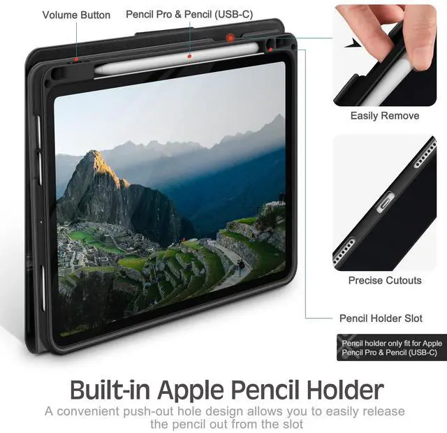 Alt view image 4 of 5 - KingBlanc Case for iPad Air 11-inch (M3 2025/M2 2024) 7th/6th Generation, iPad Air 5th/4th Gen (10.9", 2022/2020) with Pencil Holder, PU Leather Smart Cover, Auto Wake/Sleep, Multi-Angle Stand, Black