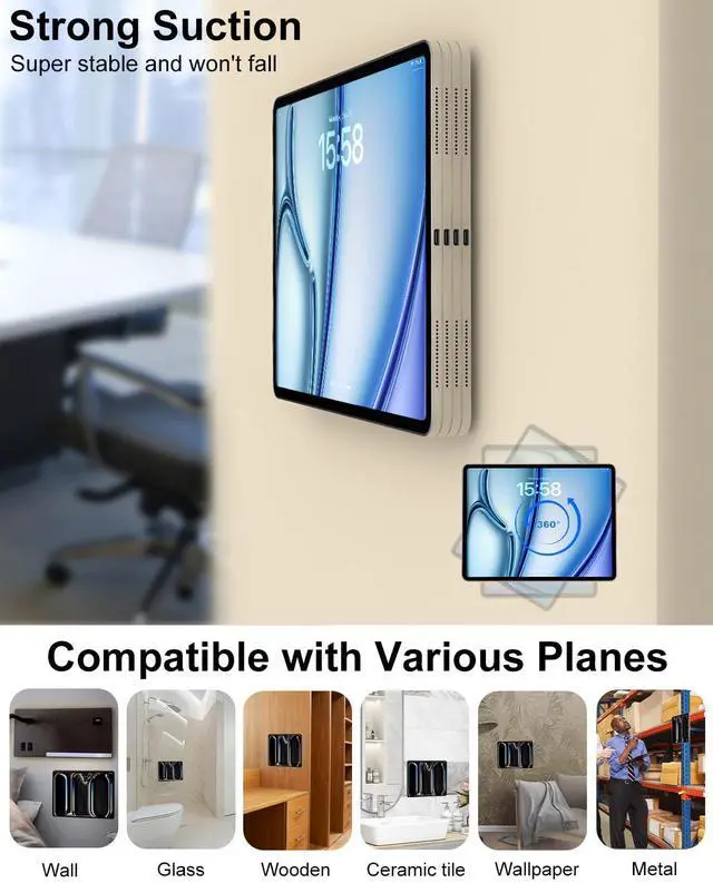 Alt view image 4 of 5 - Kolasels Magnetic Wall Tablet Phone Holder - 2 Pack, Magnet iPad Wall Mount for Home, Office, Kitchen, Bathroom, Fridge, Wall Portable Monitor Mount for 4.7-15.6" iPad, Phone, Monitor, Reader, Kindle