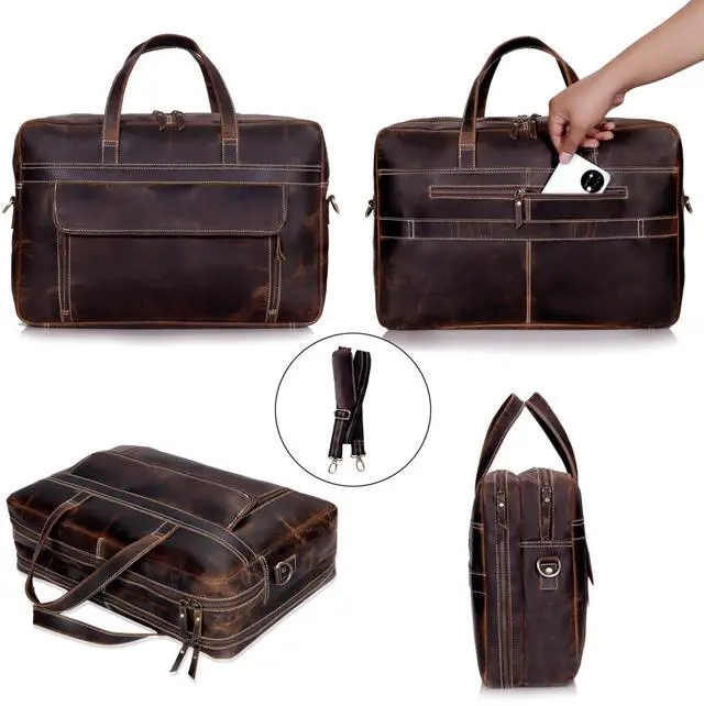 Alt view image 2 of 5 - 18 Inch Full Grain italian Leather Briefcase for Men, Top Choice Gifts, Handcrafted Laptop Bag with Multiple Compartments and Brass Hardware, Fits 18 Inch Laptop