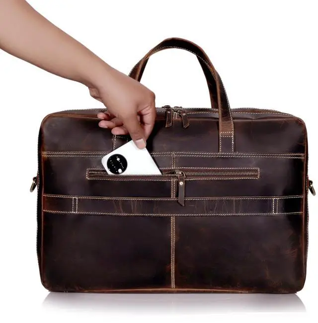 Alt view image 4 of 5 - 18 Inch Full Grain italian Leather Briefcase for Men, Top Choice Gifts, Handcrafted Laptop Bag with Multiple Compartments and Brass Hardware, Fits 18 Inch Laptop