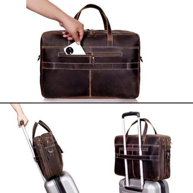 Alt view image 5 of 5 - 18 Inch Full Grain italian Leather Briefcase for Men, Top Choice Gifts, Handcrafted Laptop Bag with Multiple Compartments and Brass Hardware, Fits 18 Inch Laptop