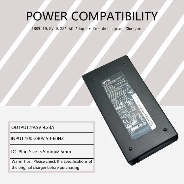 Alt view image 2 of 5 - 180 Laptop Charger for MSI Gaming Laptop AC Adapter for MSI Laptop Charger for GF75 GF63 G75VW G75VX GL502VT FX502VM ADP-180MB F