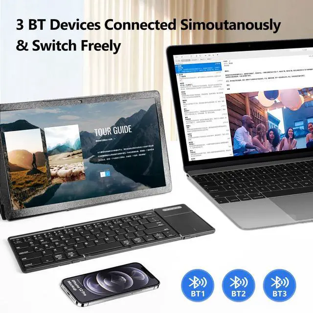 Alt view image 2 of 5 - FOLLOWM Foldable Bluetooth Keyboard With Touchpad, Wireless Folding PU Leather (Sync up to 3 Devices), Full-Size Portable for Android/Windows/iOS