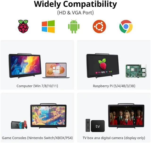 Alt view image 3 of 5 - ELECROW 10.1 Inch Portable Monitor - IPS Capacitive Monitor with HD VGA Port1920x1080P LCD Display Built-in Dual Speakers VESA Mount for Raspberry Pi 5/4/3, PS Xbox, Windows 11/10/8/7