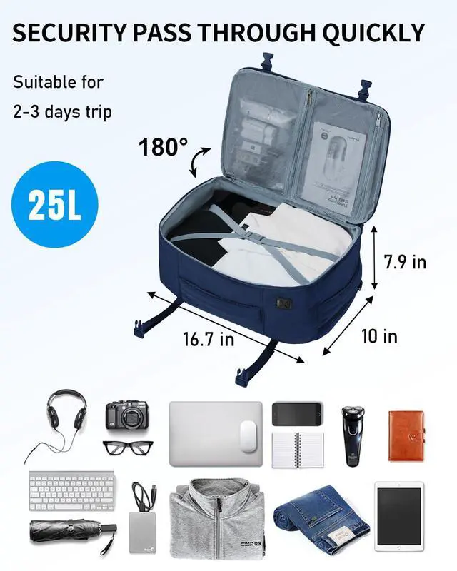 Alt view image 3 of 5 - ECOHUB 17'' Travel Backpack, Personal Item Backpack with 13 Pockets, Flight Approved Carry on Backpack with USB Port & Luggage Sleeve, Travel bag for Men & Women, Water Resistant Backpack, Blue