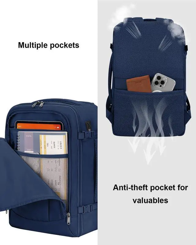 Alt view image 4 of 5 - ECOHUB 17'' Travel Backpack, Personal Item Backpack with 13 Pockets, Flight Approved Carry on Backpack with USB Port & Luggage Sleeve, Travel bag for Men & Women, Water Resistant Backpack, Blue