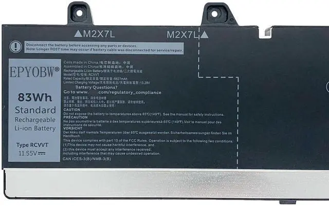 Alt view image 2 of 5 - EPYOBW RCVVT Battery 83Wh Compatible with Dell Precision 7670 7680 7770 7780 Series Laptop X9FTM X26RT NWDC0 6827mAh 6-Cell 11.55V