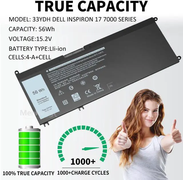 Alt view image 3 of 5 - 56Wh 33YDH Battery for Dell Inspiron 17 7000 7773 7779 7778 7786 2-in-1 15 7577 G3 3579 3779 G5 5587 G7 7588 Latitude 13 3380 14 3490 3590 3580 3400 3500 Vostro 7580 PVHT1 P30E P30E001 081PF3