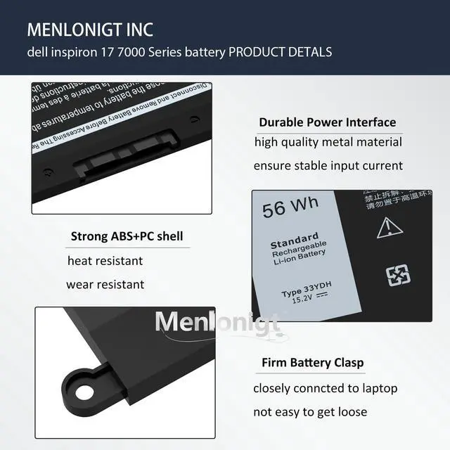 Alt view image 4 of 5 - 56Wh 33YDH Battery for Dell Inspiron 17 7000 7773 7779 7778 7786 2-in-1 15 7577 G3 3579 3779 G5 5587 G7 7588 Latitude 13 3380 14 3490 3590 3580 3400 3500 Vostro 7580 PVHT1 P30E P30E001 081PF3