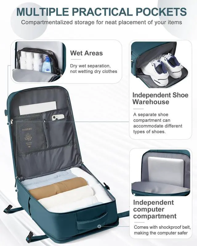 Alt view image 3 of 5 - coowoz Large Travel Backpack Carry On for Women Man Waterproof Gym Backpacks Mochila de Viaje Travel Bag Essentials Teacher Personal Item Backpack Rucksack Airplane Accessories Must Haves Peacock Blue