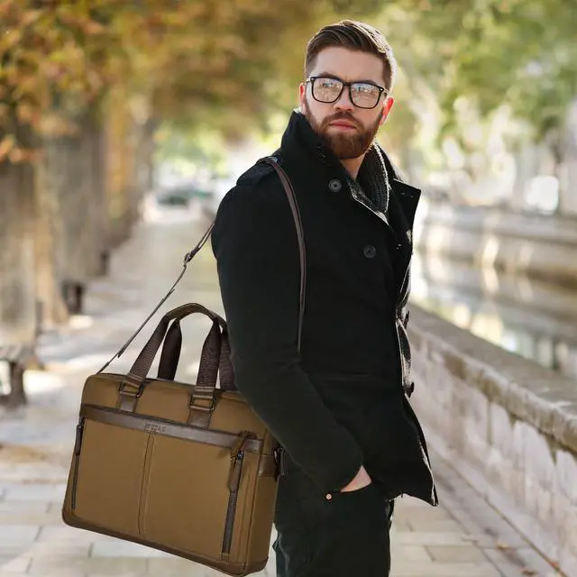 Alt view image 3 of 5 - Banuce Slim Briefcase for Men Waterproof Nylon Stylish 14 Inch Laptop Bag Business Work Bag Brown