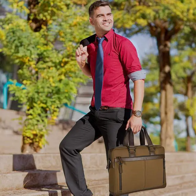 Alt view image 4 of 5 - Banuce Slim Briefcase for Men Waterproof Nylon Stylish 14 Inch Laptop Bag Business Work Bag Brown
