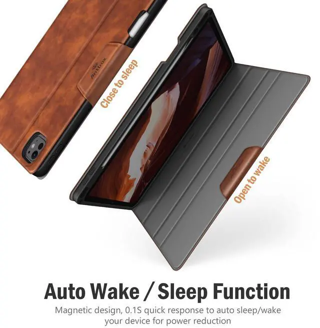 Alt view image 4 of 5 - Antbox for iPad Pro 11 Inch Case (M4) 2024, Built-in Pencil Holder, Fully Supports Pencil Pro/USB-C, Auto Sleep/Wake Function Vegan Leather (Brown)