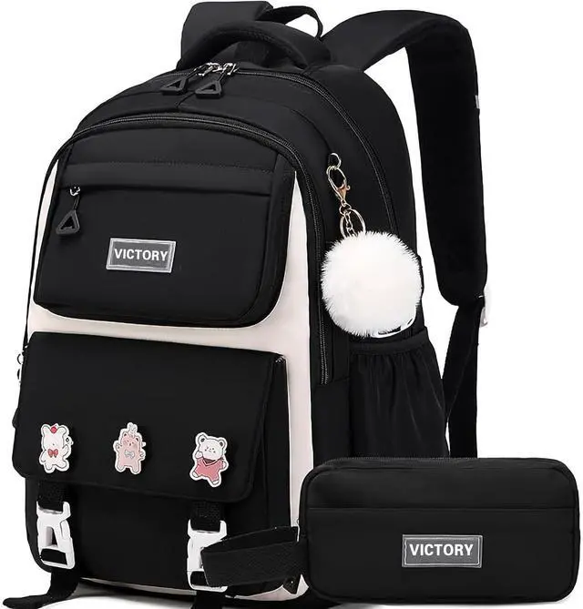 Main image of AO ALI VICTORY Backpack for Girls Set with Pencil Case 15.6 Inch Laptop School Bag Cute Kids Elementary College Backpacks Large Bookbags for Women Teens Students Anti Theft Travel Daypack - Black