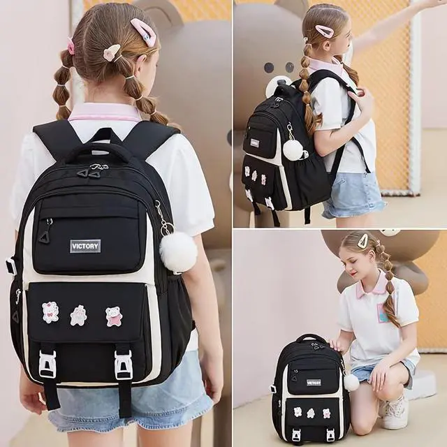 Alt view image 2 of 5 - AO ALI VICTORY Backpack for Girls Set with Pencil Case 15.6 Inch Laptop School Bag Cute Kids Elementary College Backpacks Large Bookbags for Women Teens Students Anti Theft Travel Daypack - Black