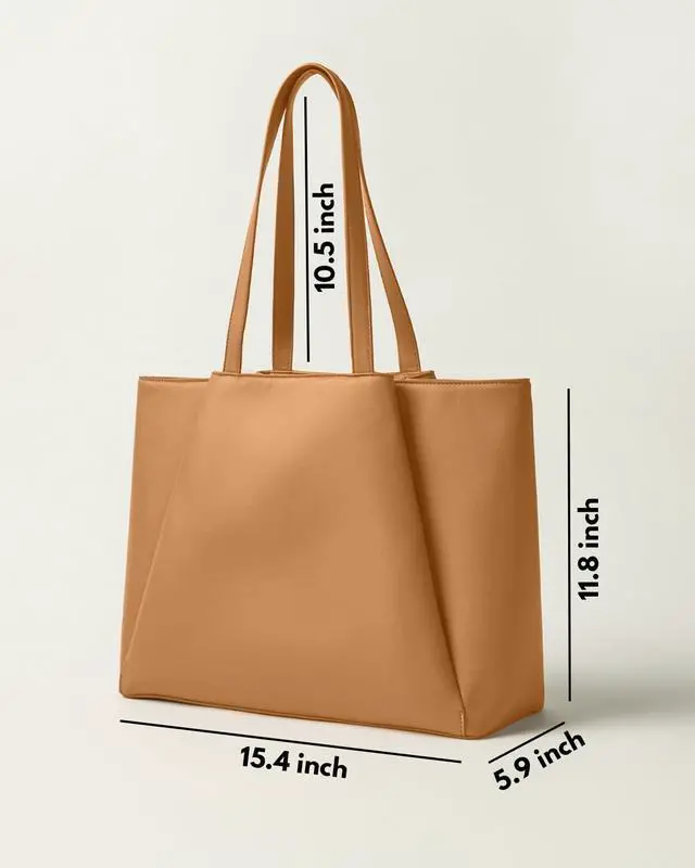 Alt view image 5 of 5 - Laptop Tote Bag for Women 15.6 Inch - Large Work Bags with Zip Compartments - PU Leather Office Purse Computer Briefcase - Light Brown