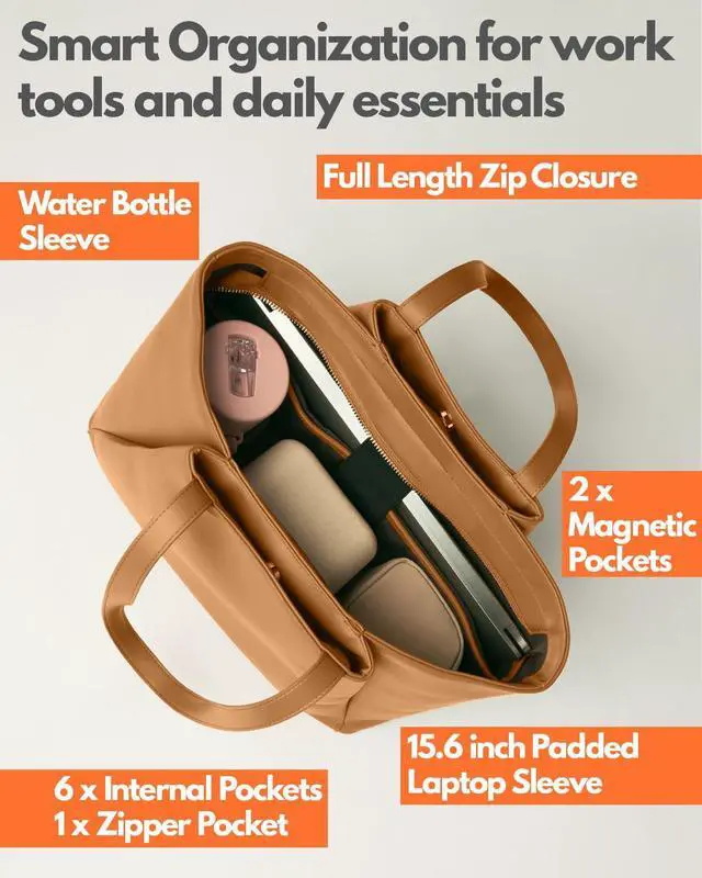 Alt view image 3 of 5 - Laptop Tote Bag for Women 15.6 Inch - Large Work Bags with Zip Compartments - PU Leather Office Purse Computer Briefcase - Light Brown