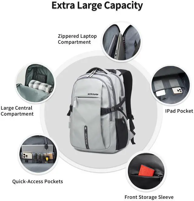 Alt view image 5 of 5 - ARCTIC HUNTER AH Travel Carry On 15.6" Laptop Backpack for Men, Large 30L Anti-Theft & Waterproof Backpacks Flight Approved for Business, Commuting, Work, Weekend Casual Daypack, Grey, Silver