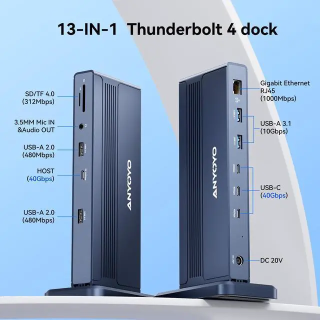 Alt view image 2 of 5 - ANYOYO Thunderbolt Docking Station Dual Monitor,13-in-1 MacBook Pro Laptop Docking Station for 8K 60 & Dual 4K60, USB 3.2 10Gbps,1000Mbps Ethernet PD 120 W SD/TF 4.0 Dock for Mac M1/M2/M3/M4 Pro/Max