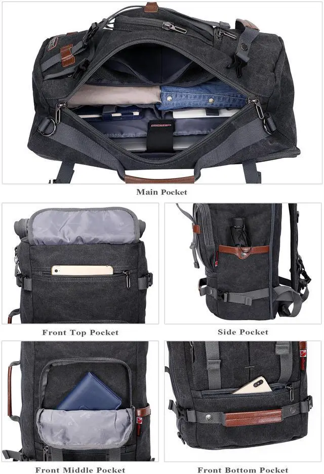 Alt view image 3 of 5 - WITZMAN Canvas Backpack Vintage Travel Backpack Large Laptop Bags Convertible Shoulder Rucksack(A519-1 Black)