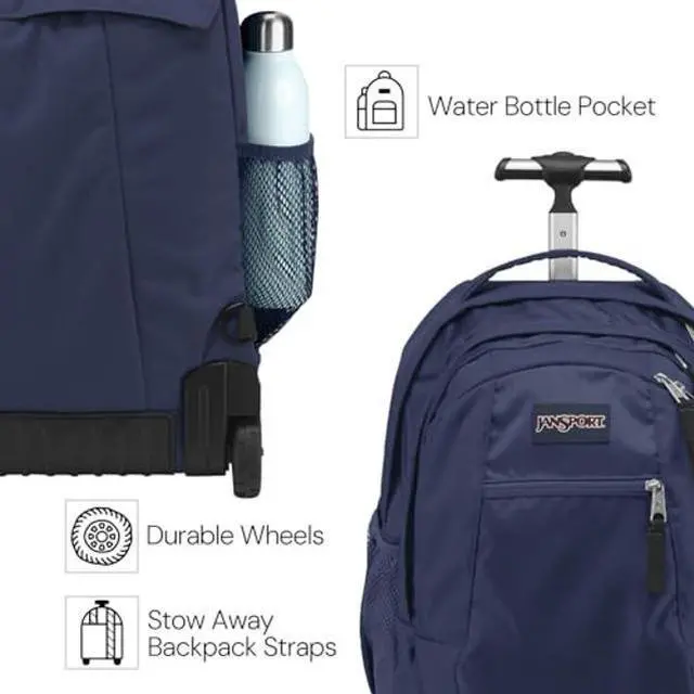 Alt view image 3 of 5 - JanSport Driver 8 Rolling Backpack - Wheeled Travel Bag with 15-Inch Laptop Sleeve, One Size, Navy
