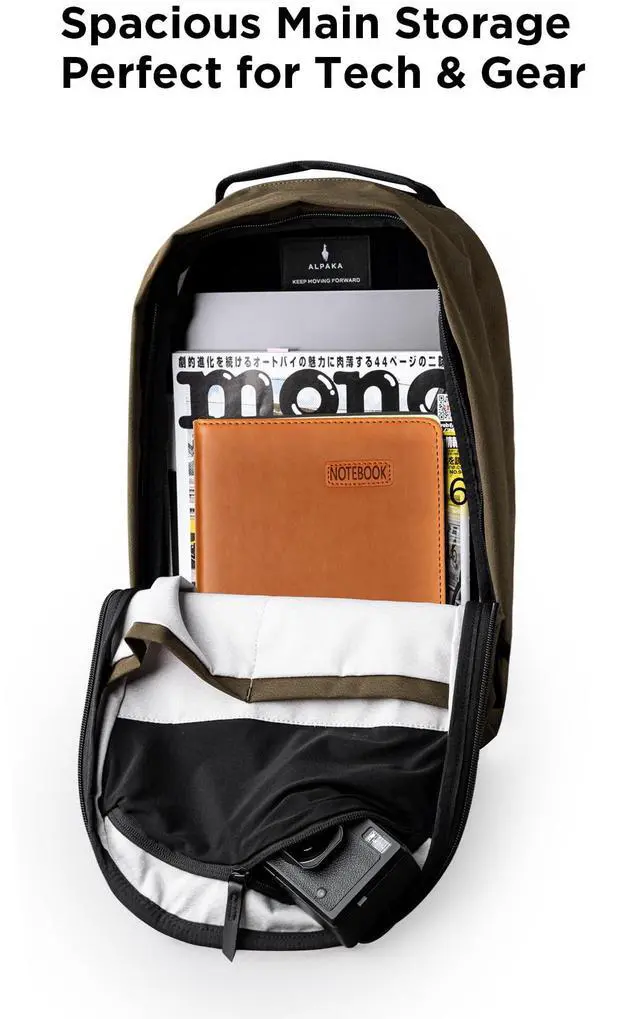 Alt view image 5 of 5 - ALPAKA Metro Backpack -12L Fits a Thin 14" Laptop Small Backpack, Soft Touch Fleece Lined Laptop Sleeve, Wide Opening Main Zippered Compartment, Weather Resistant Fabric. Army Green Axoflux 300D