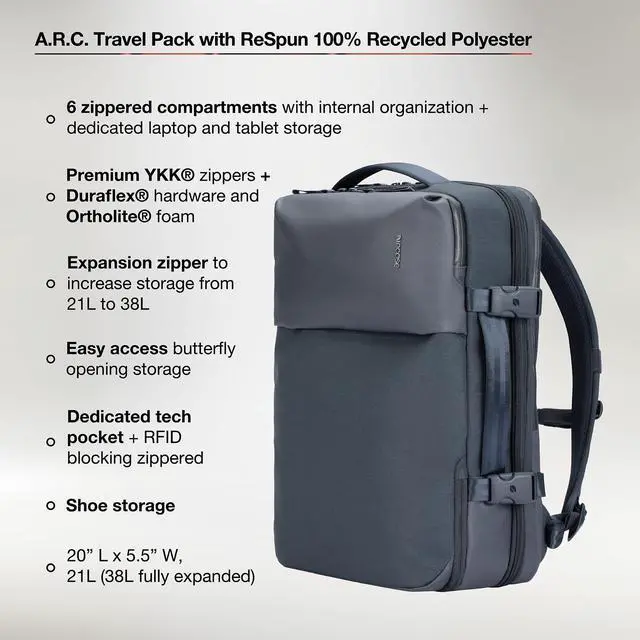Alt view image 3 of 5 - A.R.C. Travel Pack - ReSpun 100% Recycled Polyester, 38L Backpack, RFID-Blocking, Shoe Compartment, Expansion Zipper, Ergonomic Straps, Laptop Compartment for 16 PC/Mac, Travel Pass Through - Navy