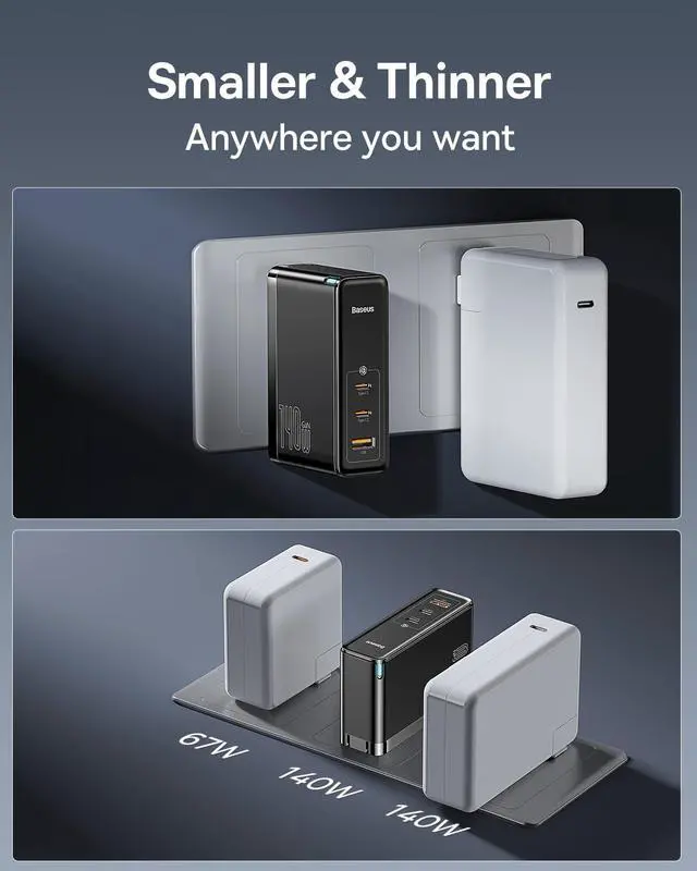 Alt view image 3 of 4 - Baseus 140W USB C Wall Charger PD 3.1 with 3.3ft USB C to C Cable, 3-Port GaN5 Charger for Laptops, iPad Pro, iPhone 15/Pro/14/13 Series, Galaxy S23/S22, MacBook Pro 16'', Steam Deck, Black