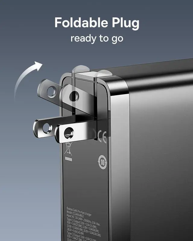 Alt view image 4 of 4 - Baseus 140W USB C Wall Charger PD 3.1 with 3.3ft USB C to C Cable, 3-Port GaN5 Charger for Laptops, iPad Pro, iPhone 15/Pro/14/13 Series, Galaxy S23/S22, MacBook Pro 16'', Steam Deck, Black