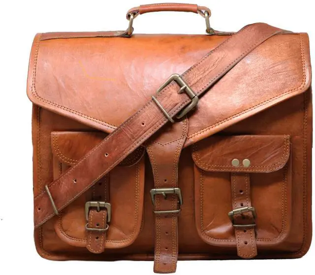 Main image of 15" leather messenger bag laptop case office briefcase gift for men computer distressed shoulder bag