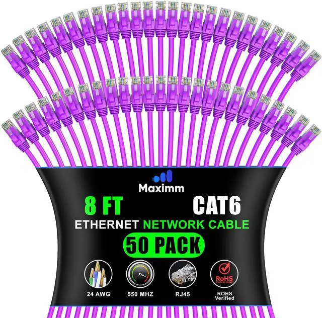 Main image of Maximm Cat 6 Ethernet Cable 8 Ft (50-Pack) - High-Speed LAN, Internet, Patch, and Network Cord - UTP, 10Gbps, 550MHz - Purple
