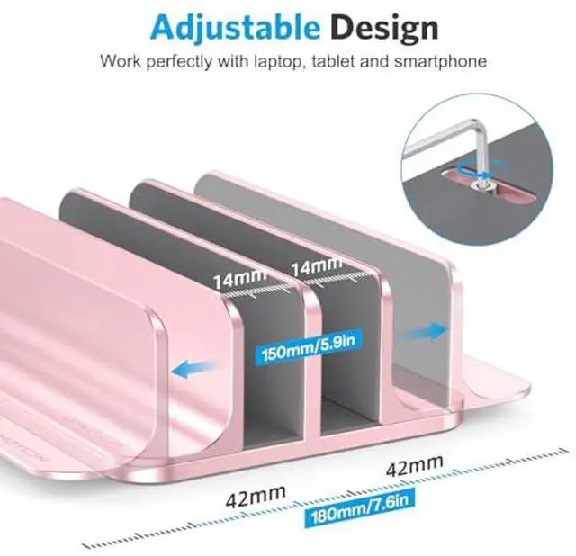 Alt view image 4 of 5 - OMOTON [Updated Dock Version] Vertical Laptop Stand, Double Desktop Stand Holder with Adjustable Dock (Up to 17.3 inch), Fits All MacBok/Surface/Samsung/HP/Dell/Chrome Book (Rose Gold)