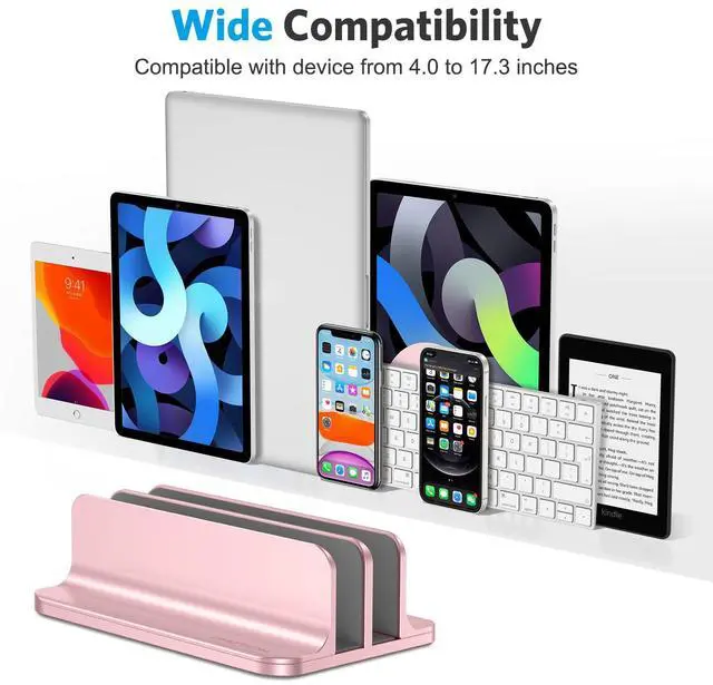 Alt view image 3 of 5 - OMOTON [Updated Dock Version] Vertical Laptop Stand, Double Desktop Stand Holder with Adjustable Dock (Up to 17.3 inch), Fits All MacBok/Surface/Samsung/HP/Dell/Chrome Book (Rose Gold)